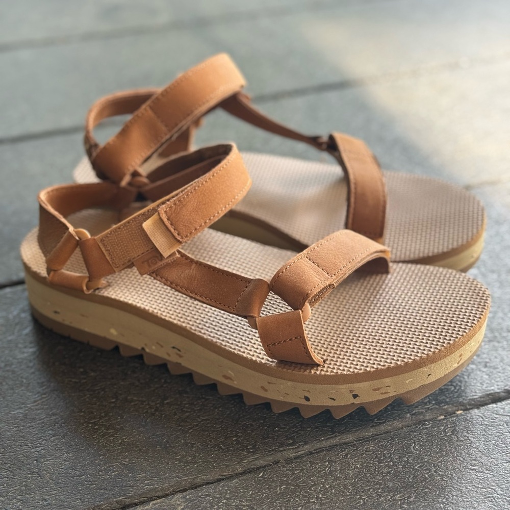 Teva platforms - tan leather - hardly worn